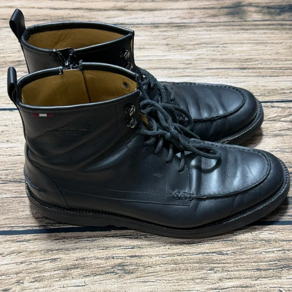 Bally Nokor Boots Men 10.5‎ D Black Leather Lace Up Side Zip Moc Toe Lug Sole